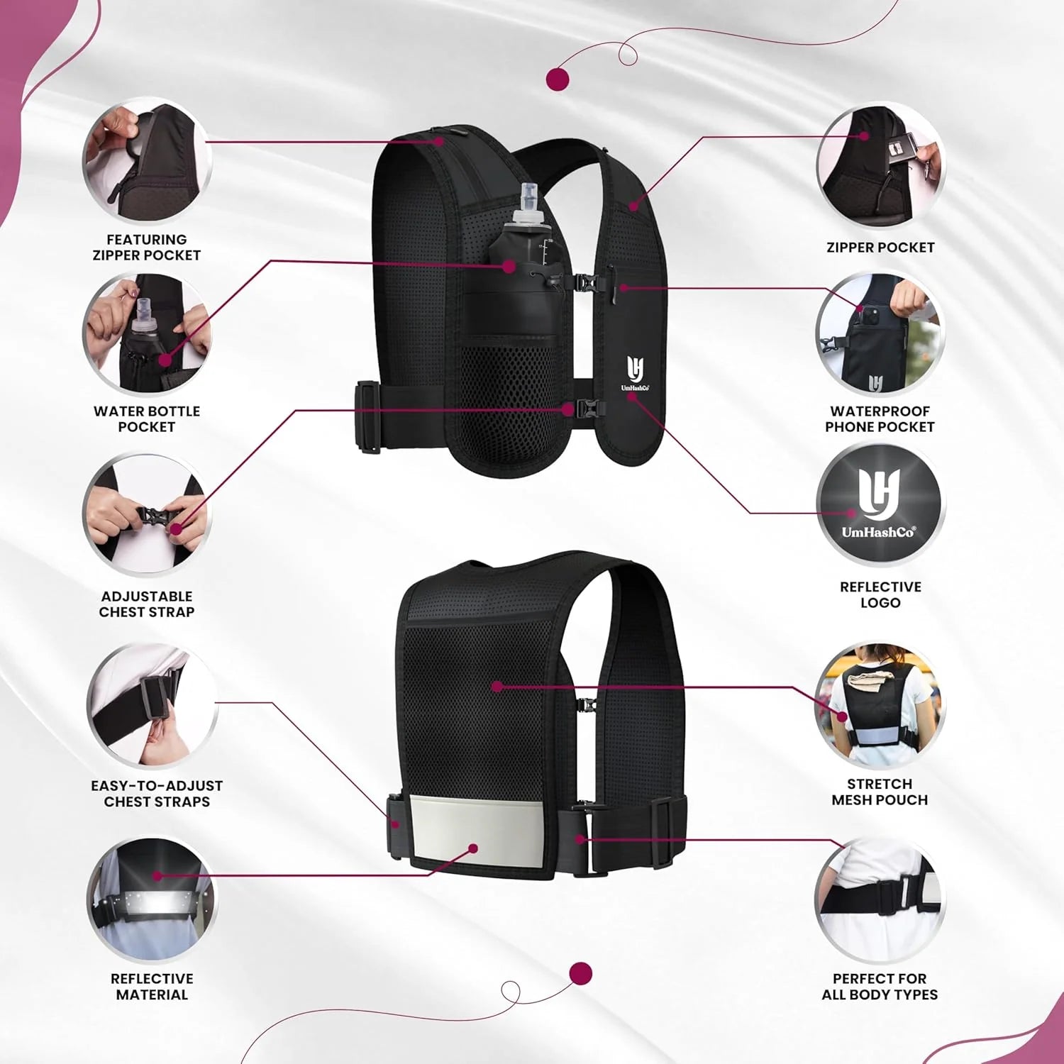 Running Vest Phone Holder with 500Ml Water Bottle, Waterproof Phone Pocket Reflective Vest, Breathable Hydration Running Vest for Unisex