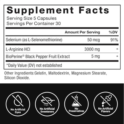 L-Arginine Nitric Oxide Supplement with Bioperine to Help Build Muscle and Support Stronger Blood Flow, Circulation, Nutrient Delivery, and Pumps, L-Arginine 3000Mg, 3G, 150 Capsules